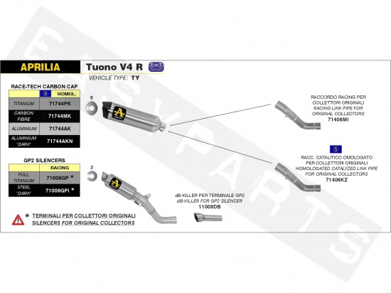 Raccord catalyser ARROW Aprilia RSV4- Tuono 1000 E3 2009-2014